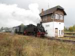 Dampflok 91134 beim Bereitstellen des letzten Sonderzuges am 11.10.2009 im Bahnhof von Parchim.