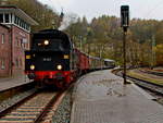 In Rübeland steht nun bei stärkeren Regen 95 027 zur Rückfahrt nach Blankenburg am 05.