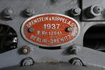 Fabrikschild an der Dampflokomotive 86 083. (Deutsches Dampflokomotiv-Museum Neuenmarkt-Wirsberg, Juni 2019)
