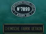 Fabikschild der bei Krauss 1921 in Mnchen gebauten Dampflok, die als Rangierlok bei der ltesten Chemischen Fabrik der Schweiz in Uetikon bis 1996 ihren Dienst tat.