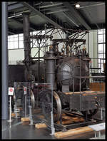 Puffing Billy, eine der ersten Lok Konstruktionen, wird hier als Nachbau am 27.3.2019 im Verkehrszentrum des Deutschen Museum in München präsentiert.