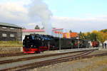 Nachdem P 8929 am 21.10.2018 den Bahnhof Benneckenstein passiert hat, sind die Gleise nun frei für die Rangierfahrt von 99 234 mit ihrem IG HSB-Sonder-PmG.