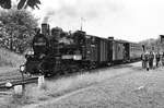 13.07.1981 Rügen, am Hp Garftitz wartet Lok DR 99 4633 mit ihrem Zug auf das Abfahrtssignal in Richtung Putbus.