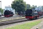 99 4802 am 19.07.2020 beim Umsetzen in Putbus. Die Lok kam schiebend mit dem P 107 aus Lauterbach zurück, Zuglok war die 251 901.