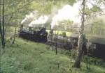 Schmalspur Dampfromantik im Mai 1983 im Pressnitztal.Lok 99 1568-7 und 99 1582-8 mit einem Personenzug zwischen Wolkenstein und Steinbach.Hier fahren schon lange keine Zge mehr.Zwischen Steinbach und