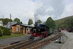 99 1568-7 der Pressnitztalbahn im Bahnhof Schmalzgrube (24.09.2023)