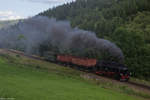 99 1785 mit dem Fotogüterzug, leider ohne Sonne, dafür aber mit schöner Dampfwolke durch Hammerunterwiesenthal Richtung Oberwienthal, 30.7.17
