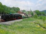 99 761 + 99 794 am 31.05.2008 mit einem Sonderzug aus Cranzahl in Hammerunterwiesenthal, mit den Fahrgsten des Sonderzuges aus Leipzig, der ca.