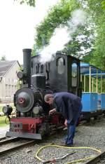 21. Juni 2015, Die  Ferienland-Eisenbahn  in Crispendorf in Thüringen. Der dortige Verein hatte sich zu seinem Fest-Wochenende den Zug der Syrauer Parkeisenbahn mit der Dampflok  Leo II  eingeladen. Sie bildete die Attraktion in dem Gelände des ehemaligen DDR-Kinderferienlagers der IG Wismut aus den fünfziger Jahren. Auf dem 8 Hektar großen Areal im Wisentatal lebten im Sommer fast 1000 Kinder im Alter von 10 bis 14 Jahren und ca. 200 Betreuer. 1981 wurden dann zusätzlich noch die beiden Bettenhäuser gebaut, um ganzjährig Kinder aufnehmen zu können. Heute gibt es hier einen bescheidenen Campingplatz, der örtliche Sportverein besitzt ein Vereinslokal und einen Fußballplatz.