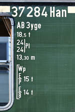 Im Bild die Beschriftung am dreiachsigen Umbauwagen AB3ygc 37 284 Han, welcher 1955 gebaut wurde.