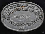 Typenschild einer Dampflokomotive der Klöcknerwerke.