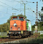 V 100 Ost und West:  201 823-2 (110 823-2 | DR V 100.1) der Redler-Service und eine unerkannt gebliebene 212 (DB V 100.20) der Salzburger Eisenbahn Transportlogistik GmbH (SETG) als Lokzug fahren