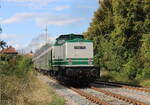Die DB Museum V100 003 (92 80 1201 003-1 D-LDK) als Schlusslok ab Sangerhausen am DZ 88309 von Magdeburg Hbf nach Karsdorf Bbf, am 13.09.2025 in Laucha (U). Der  Salzland-Express  kam zum Winzerfest Freyburg ins Unstruttal.
