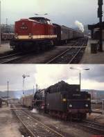 im Oktober 1980 verläßt 110 641-8 mit einem langen Personenzug den Bahnhof Saalfeld, am Zugschluß unterstützt von 01 2118-6.