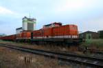 Am 16.06 2007 stehen zwei Lokomotiven der BR V100 der Locon Eisenbahn im Bahnhof von Wittenburg mit ihrem Güterzug .