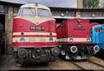 228 505-4 (118 005-8 | DR V 180) DB und 202 457-8 (112 457-7 | DR V 100) der Traditionsgemeinschaft Bw Halle P e.V. stehen anlässlich des Sommerfests unter dem Motto  Diesellokomotiven der ehemaligen DR  vor dem Ringlokschuppen des DB Musems Halle (Saale).
[25.8.2018 | 12:19 Uhr]