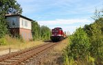 EX Uwe Adam 21 (202 364-6) zu sehen am 20.08.16 mit einem Bauzug in Krölpa.