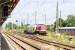 204 311-5 PRESS (202 311-7) mit einem Metronom Dostos des Typs DABpza und einem Güterwagen des Typs Res von der PRESS in Stendal und fuhr weiter in Richtung Salzwedel.