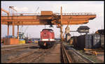 Fahrzeug Schau im Gbf Halle am 26.4.1992: DR 202525 unter Container Kran