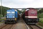 204 013-3 der PRESS und 202 646-6 der DB Erzgebirgsbahn treffen sich am 28.05.09 im Bahnhof Markersbach. 