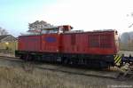 V 100.05 (202 726-6) ex DR 110 726-7 HGB - Hessische Gterbahn GmbH steht mit einem Bauzug in Rathenow. 24.11.2011