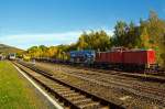 Im Bahnhof Herdorf am 18.10.2012, von links nach rechts: 
Auf Gleis 1 hlt ein Stadler GTW 2/6 (nachBetzdorf/Sieg), viele Fahrgste wollen mit; 
auf dem erneuerten Gleis 2 fhrt ein Liebherr Zweiwegebagger; 
auf Gleis 4 steht die V 100.05 (202 726-6) der HGB (Hessische Gterbahn GmbH, Buseck) ex DR 110 726-7 ex DB 202 726-6 mit einem angehngtem  VTG Schttgutwagen (Facnps) und drei Niederbordwagen (Res), worauf ein Atlas Zweiwegebagger alte Schwellen verld.