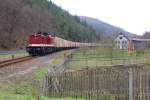 Am 20.02.16 fuhr 112 703-4(Press) mit einem Hackschnitzelzug ab Ebersdorf-Friesau Richtung Saalfeld. Hier zu sehen bei Hockeroda.