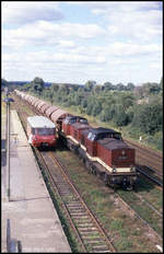 112832 und 112490 passieren am 16.9.1990 um 14.00 Uhr mit einem langen Güterzug den am Bahnsteig in Haldensleben stehenden Triebwagen 171024, der zur Abfahrt nach Wefensleben bereit steht.