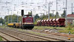 202 466-9 (V 203 01 | 112 466-8 | 110 466-0 | DR V 100.1) steht auf einem Gütergleis des Bahnhofs Teutschenthal und wartet auf Ausfahrt.
