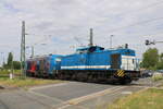 Die V 100-SP-008 (92 80 1203 128-4 D-SLG) von Spitzke hatte am 02.07.2026 in Erfurt Ost die Spitzke 248 028 Richtung Erfurt Gbf am Haken.