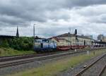Hamburger Rail Service GmbH, D&D 1701 mit einem Schienenzug in Gera am 5.7.2026. Standort Bahnsteig 3