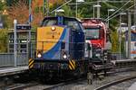 D-NRS 203 107-8 (V 100 005) zog am 23.10.2026 einen mit einem Sp�lwagen und einem Servicefahrzeug der Firma  ExRohr  beladenen Wagen (D-TWA 23 80 4334 453-6 (Laads)) vom L�becker-Skandinavierkai (ALSK) kommend zum L�becker Hbf (AL). Hier am Haltepunkt L�beck-D�nischburg IKEA (ALD A).