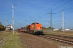 V160.4 (203 109-4) hvle - Havellndische Eisenbahn AG in Satzkorn und fuhr in Richtung Golm weiter. Zwischen den Schutzwagen befand sich ein vierteiliger Talent 2 442 209/709. Dieser Talent 2 ist einer von drei vierteiligen Talent 2 fr das BW Cottbus und soll auf der Regionalexpress-Linie 10  Cottbus-Leipzig  zum Einsatz kommen. 19.10.2012