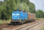 PRESS 204 031-1 (203 228-2) mit 345 212-5 (346 019-6) und zwei Schiebewandwagen in Leipzig-Thekla. Aufgenommen am 12.07.2013.