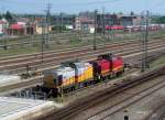 203 005 der Die-Lei GmbH und 203 008 der B&V Delitzsch GmbH stehen am 26. April 2014 in Ingolstadt Hbf abgestellt.