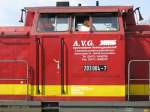 Detail von Lok 203 004 (ex V100 DR)  Im Firmenabdruck der Ascherslebener Verkehrsgesellschaft ist eine Dampflok dargestellt - Dresden-Neustadt, 7.04.2006
