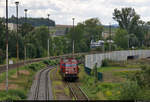 203 013-8 (203-29 | 202 784-5 | 112 784-4 | 110 784-6 | DR V 100.1) zieht leere Flachwagen im Bahnhof Könitz(Thür) nach vorne und schiebt sie gleich auf ein anderes Gleis.