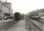 Sonderzug und Gterzug in Bad Berka, Ilmtalbahn um 1988