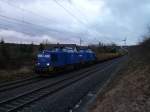 204 016 und 204 022 der PRESS waren am 30.01.13 mit einem leeren Holzzug Richtung Reichenbach/V. unterwegs, hier in Jnitz/V.

