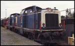 Zwei ehemalige DB Dieselloks der Reihe 211 sind vom Kanal Tunnelbau zurück und stehen hier am 29.8.1993 auf dem Abstellgleis in Celle.
