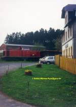 Momentaufnahme an einer nicht mehr existierenden Bahnstrecke: Die nur im Gterverkehr bediente Strecke nach Schwarzenbach am Wald (seit Einstellung PV 1971 oder 72) hatte bis zu letzt gut zu tun.