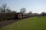 V 100 1365 alias 211 365-2 der BayernBahn fhrt am 06.04.2010 mit dem Henkel-Zug Wassertrdingen-Monheim zwischen Unterschwaningen und Krttenbach in Richtung Gunzenhausen.