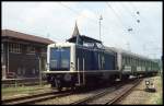 211208 verläßt am 8.7.1991 mit dem Personenzug nach Walldürn um 14.02 Uhr den Bahnhof Seckach.