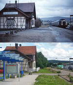 Als eine unbekannte 212 an einem verregneten Februartag 1986 im Bahnhof Haubersbronn an der Wieslauftalbahn Schorndorf - Welzheim einf�hrt, war die Strecke stark stilllegungsgef�hrdet. Dazu kam es nicht, da der Zweckverband Verkehrsverbund Wieslauftalbahn die Strecke �bernahm. Ab 01.01.1995 verkehrten zwischen Schorndorf und Rudersberg WEG-Triebwagen vom Typ NE81. Auf der unteren Aufnahme vom 23.06.2011 zeigt sich das inzwischen in Privatbesitz befindliche Bahnhofsgeb�ude renoviert. F�r Fahrg�ste wurde moderner Unterstand installiert.