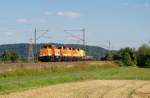 Locon 213 (BR 214) + Locon 205 (BR 212) + Locon 206 (BR 212) mit einem Kran am 05.09.2013 in Halach bei Kronach gen Saalfeld. 