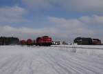 212 297-2 der Rennsteigbahn ist am 05.02.15 mit einem Leerholzzug in Mehltheuer zu sehen.