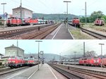 Panoramablick nach Süden auf Steinach: Am 7.7.00 (oben) dominierte auf den Zweigstrecken noch die gute alte V 100: Links die 212 284 nach Neustadt und rechts 212 052 nach Rothenburg.