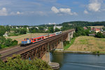 212 063, 650 997, 2 SVG Schieren sowie VT 02 und VS 29 bei einer Überführungsfahrt am 24.07.2016 auf der Mariaorter Brücke bei Regensburg-Prüfening.