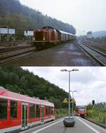 Der Bahnhof Gummersbach an einem regnerischen Spätherbsttag 1978 und am 04.08.2021: Oben fährt 212 285-1 mit einem aus Umbau-Vierachsern bestehenden Nahverkehrszug aus Köln ein,