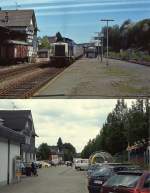 Der Bahnhof Marienheide im Mai 1987 kurz vor der Einstellung des Personenverkehrs nach Meinerzhagen und im Sommer 2009.